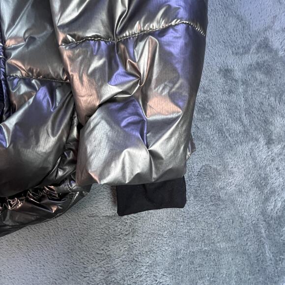 GAP Puffer Jacket Womens Medium Metallic Gray Cropped Detachable Hood PrimaLoft - Picture 4 of 16